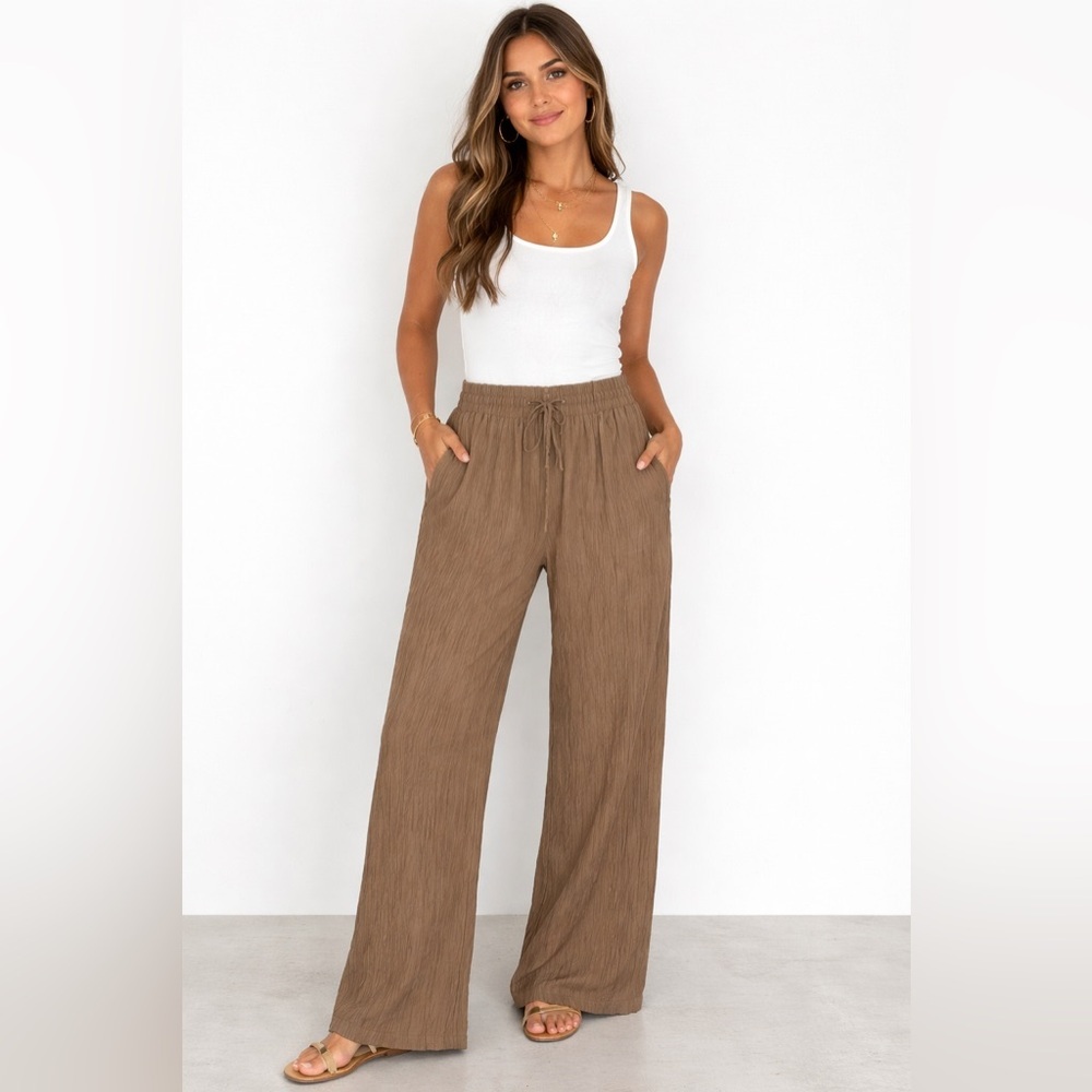 Primark Brown Crinkle Wide Leg Pants Size M Drawstring Waist
